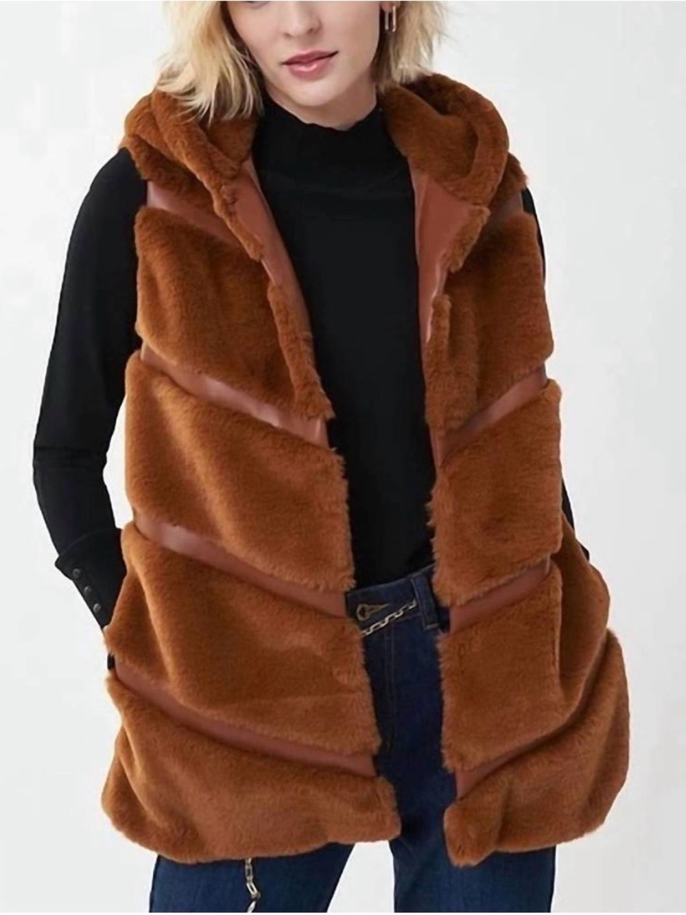 NWT Joseph Ribkoff Hooded Faux Fur Gilet/Vest in Maple Brown